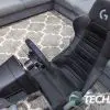 Closer look at the ActiFit Material/PU Leather seat on the Playseat Trophy - Logitech G Edition with the PRO Racing Wheel attached. Closer look at the ActiFit Material/PU Leather seat on the Playseat Trophy - Logitech G Edition with the PRO Racing Wheel attached