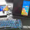 The Plugable UDS-7IN1 USB-C Phone Stand Docking Station with keyboard and mouse attached to a Huawei P40 Pro Android smartphone. The Plugable UDS-7IN1 USB-C Phone Stand Docking Station with keyboard and mouse attached to a Huawei P40 Pro Android smartphone