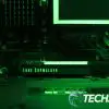 The Seagate Lightsaber Legends Special Edition FireCuda PCIe Gen4 NVMe SSD installed in a computer with green RGB LEDs lit. The Seagate Lightsaber Legends Special Edition FireCuda PCIe Gen4 NVMe SSD installed in a computer with green RGB LEDs lit