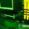 The Seagate Lightsaber Legends Special Edition FireCuda PCIe Gen4 NVMe SSD installed in a computer with green RGB LEDs lit. The Seagate Lightsaber Legends Special Edition FireCuda PCIe Gen4 NVMe SSD installed in a computer with green RGB LEDs lit