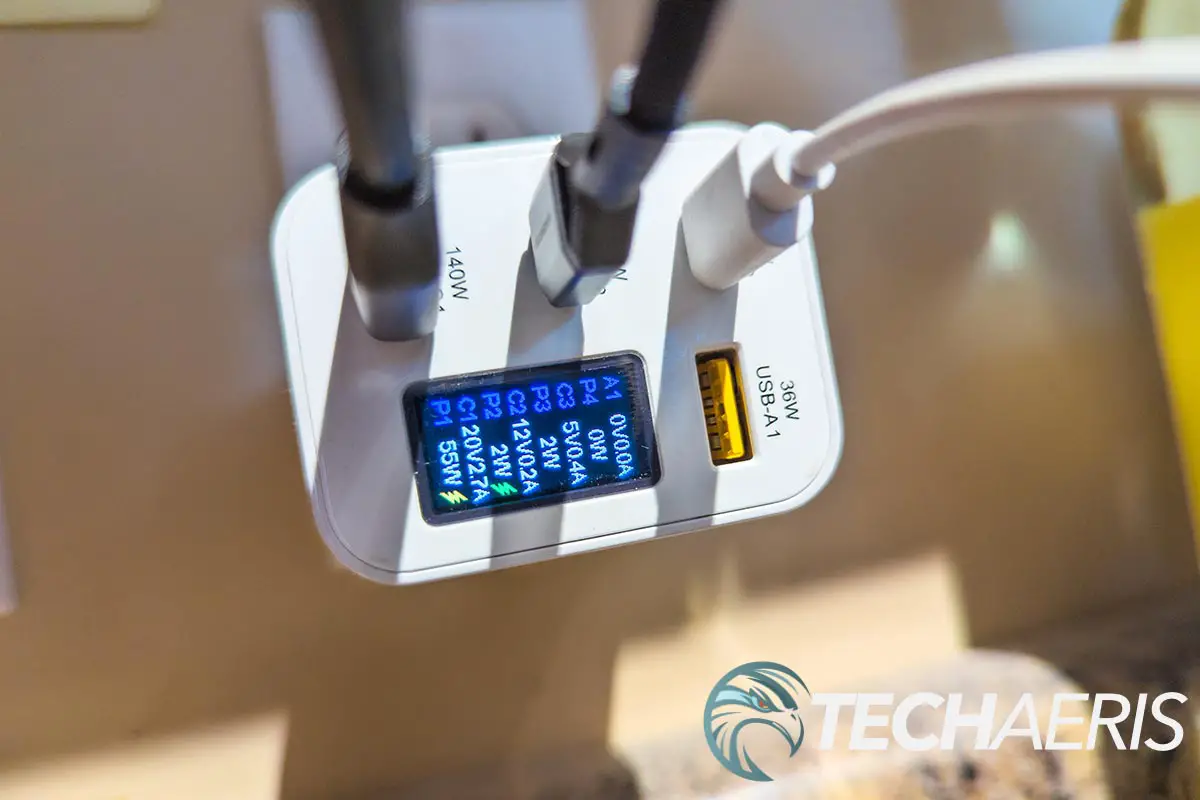 The OLED display on the Chargeasap Zeus 270W USB-C GaN Wall Charger showing current charging stats