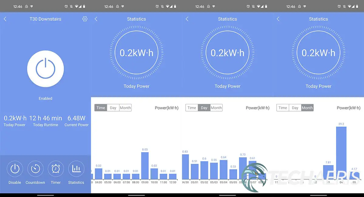 Screenshots from the EZVIZ app showing power consumption usage tracking on the T30-10B-US smart plug