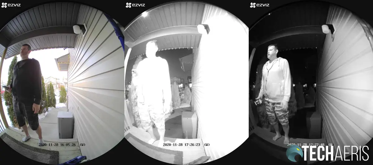 Sample images from the DB1 Wi-Fi Video Doorbell (L to R): daytime with brightness adjusted, night vision with brightness adjusted, night vision with brightness to default