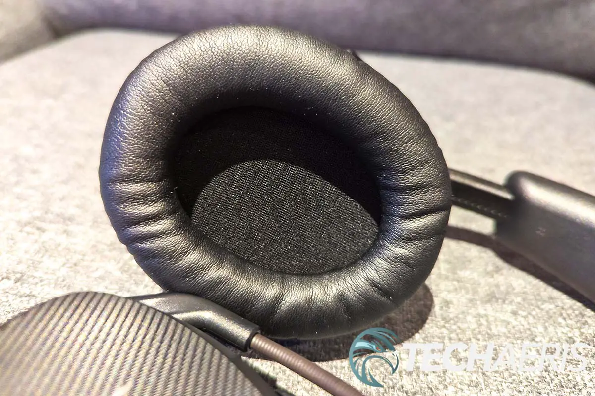 The inside of the leatherette wrapped memory foam earpads on the HyperX Cloud Stinger 2 Wireless gaming headset