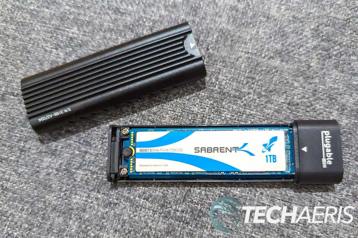 The Plugable USBC-NVME USB 3.1 Gen 2 Tool-Free NVMe Enclosure with an M.2 NVMe SSD (not included) inserted