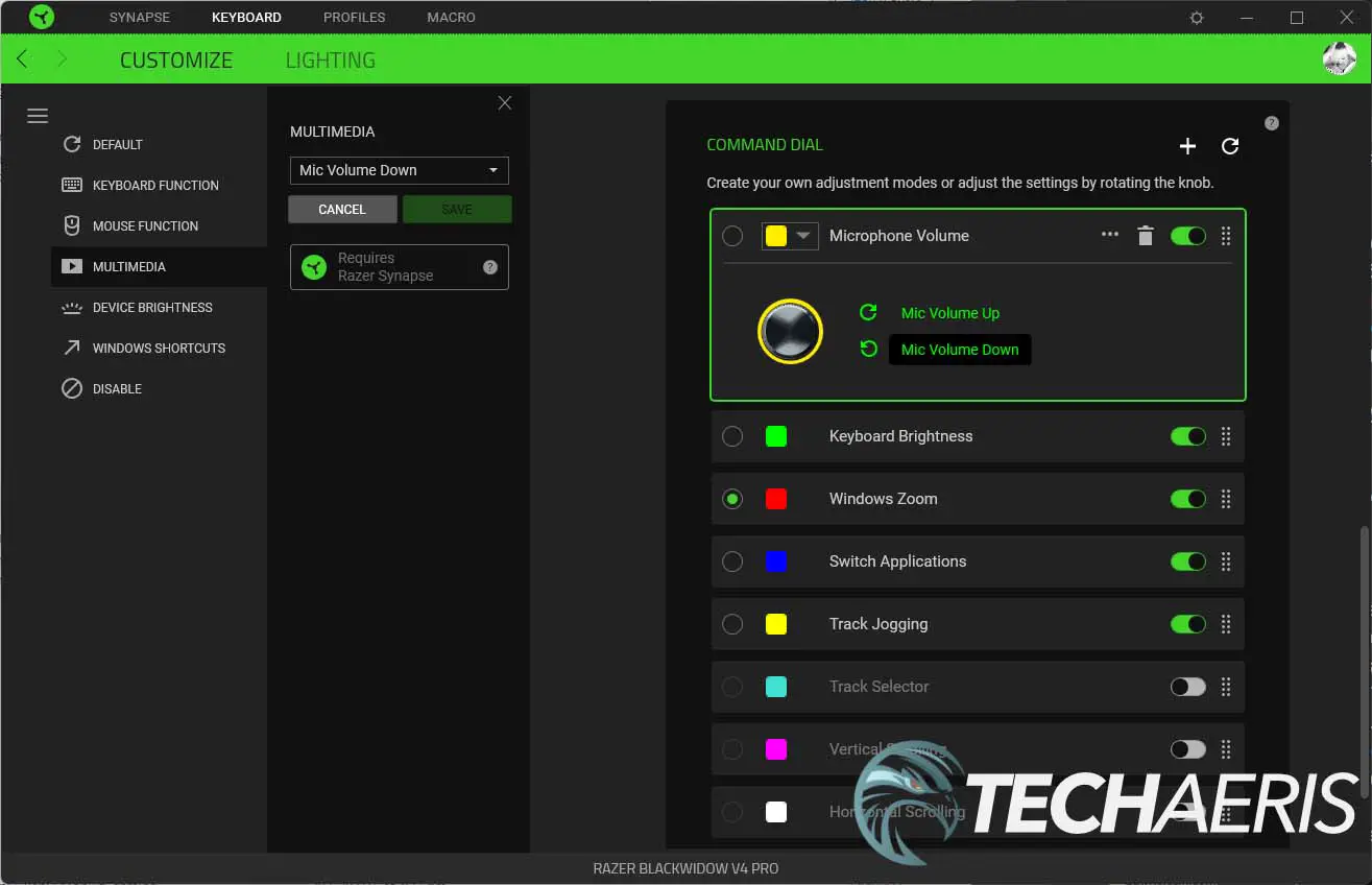 Screenshot of the Razer Synapse Windows app showing Command Dial customization options for the Razer BlackWidow V4 mechanical gaming keyboard