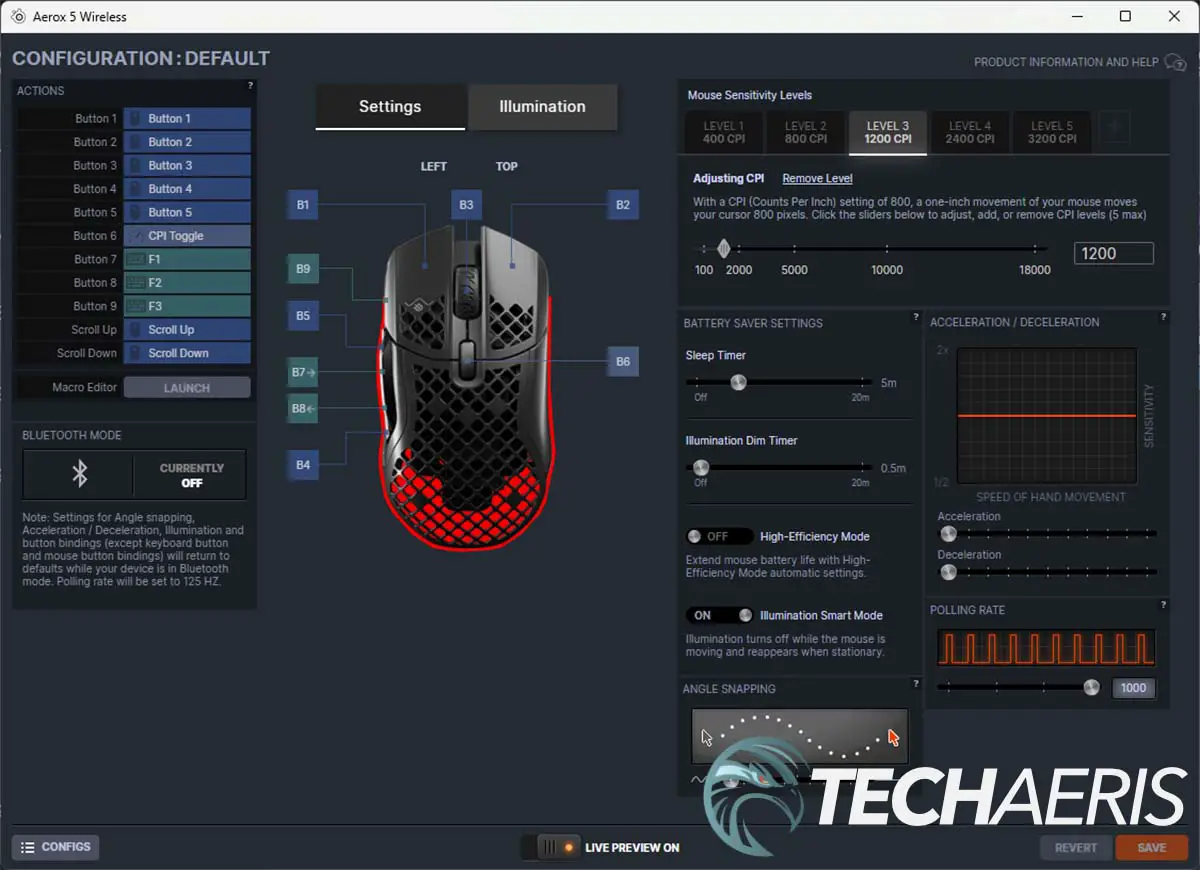 Screenshot of the SteelSeries GG Windows app showing customization options of the Aerox 5 Wireless gaming mouse