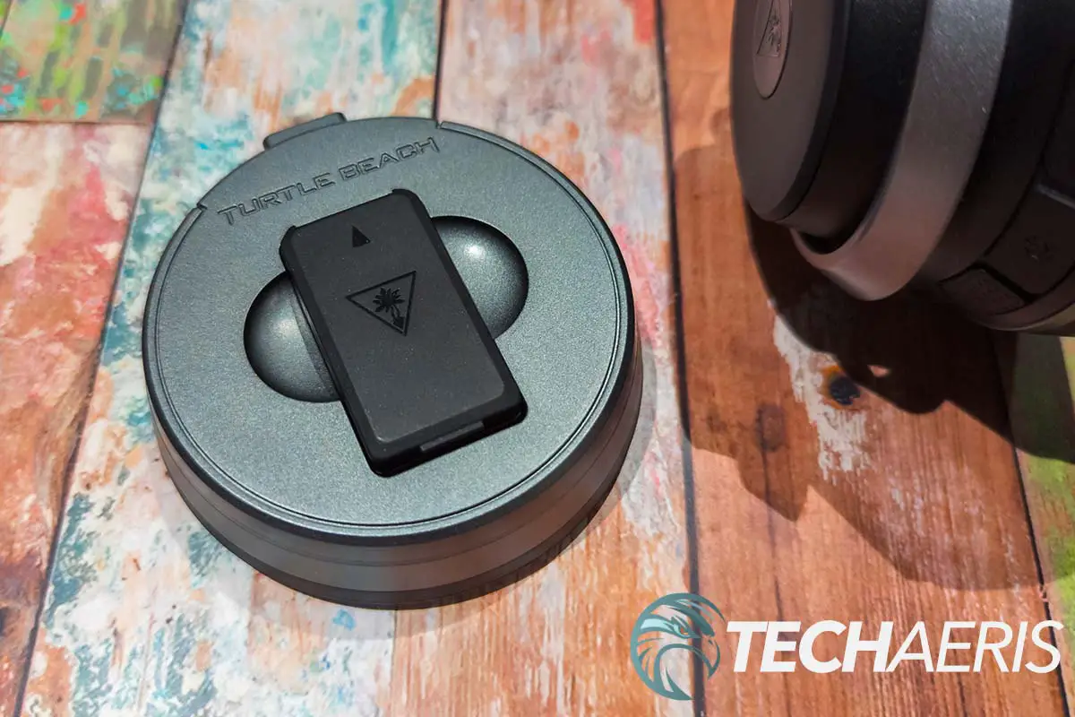 The wireless transmitter with spare battery pack included with the Turtle Beach Stealth Pro Xbox/PC wireless gaming headset